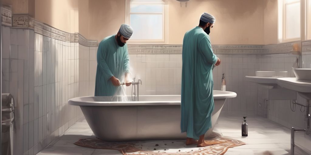Muslim man performing Ghusl ritual in bathroom
