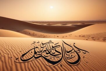 Arabic calligraphy of 'Allahu Ahlem' with a serene desert background