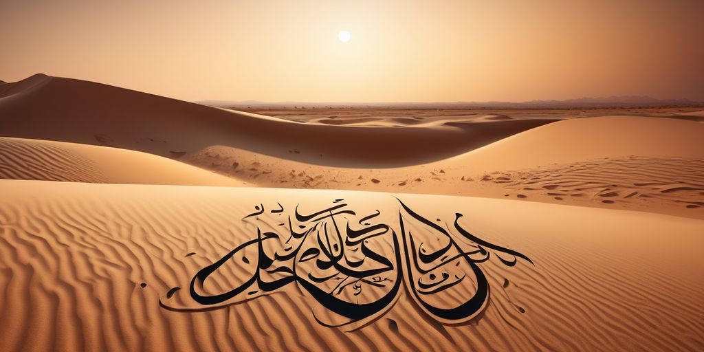 Arabic calligraphy of 'Allahu Ahlem' with a serene desert background